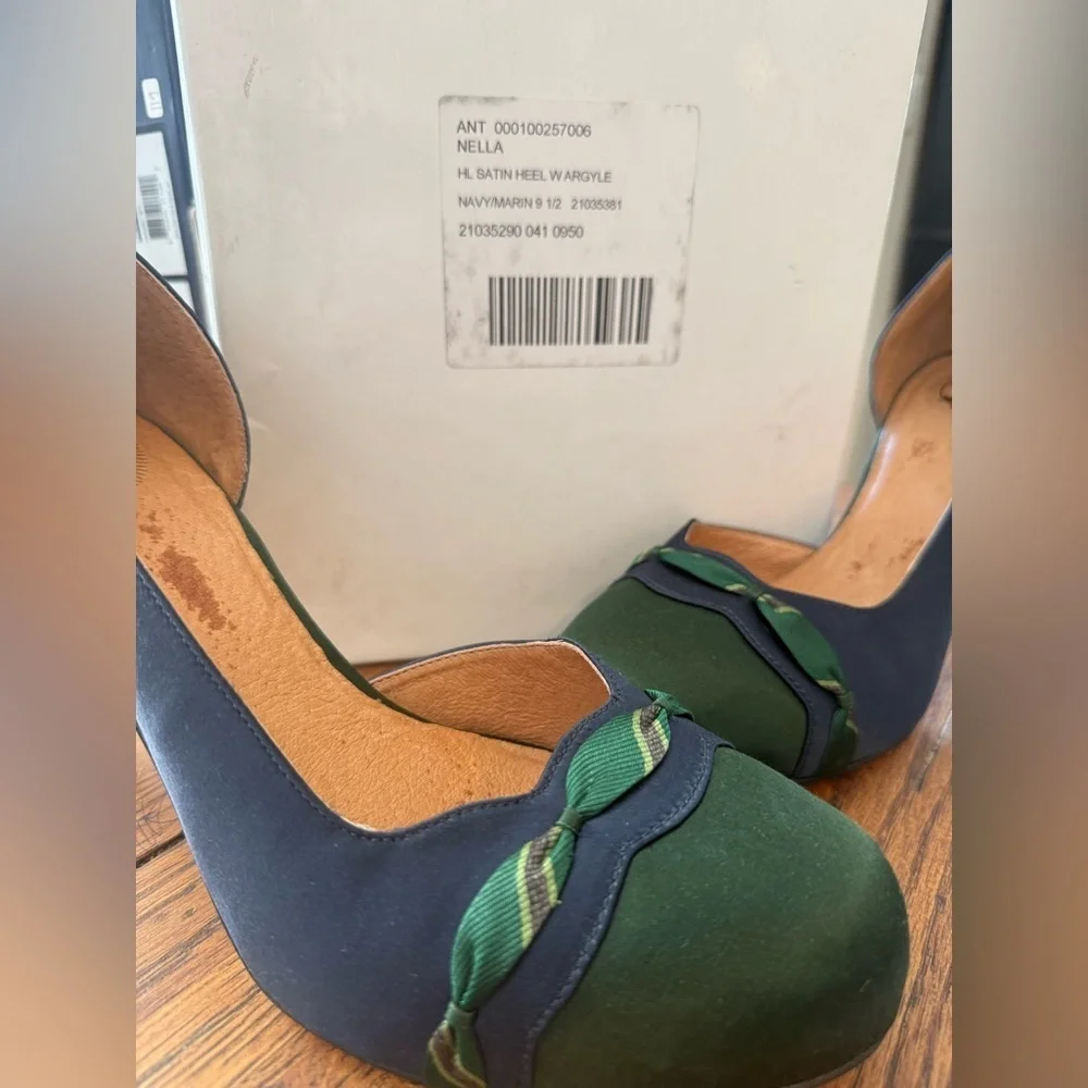 Anthropologie Lucky Penny Heeled Pumps NELLA SATIN HEEL ARGYLE NAVY/MARIN Heels - Picture 3 of 7